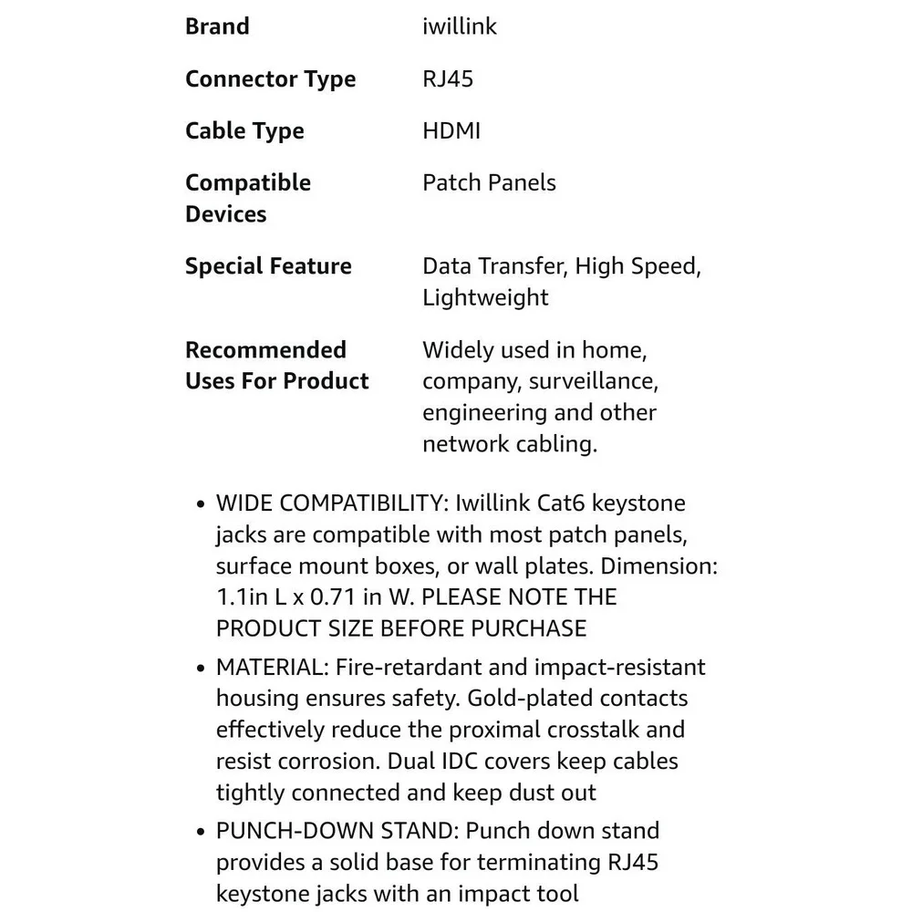 iwillink 10Gbps Cat6 Keystone‎ Jacks Pack of 50 - See Pics For Specs